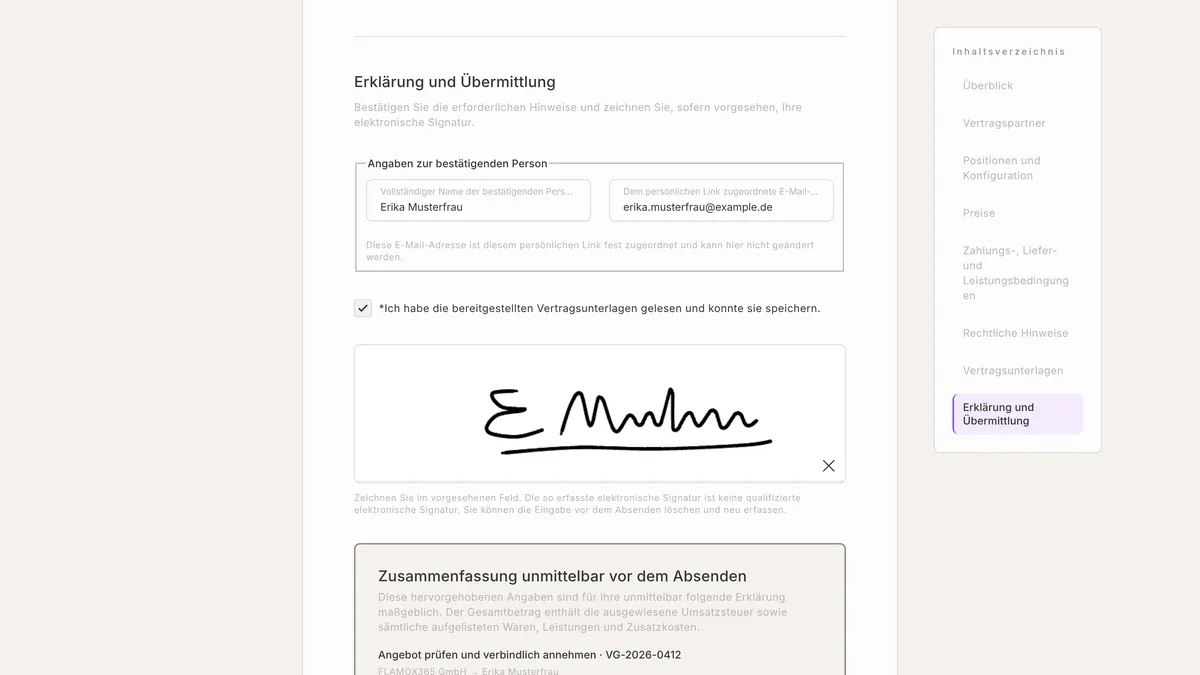 Kundenseite mit Bestätigungen und der digitalen Unterschrift von Erika Musterfrau Kundenseite mit Bestätigungen und der digitalen Unterschrift von Erika Musterfrau
