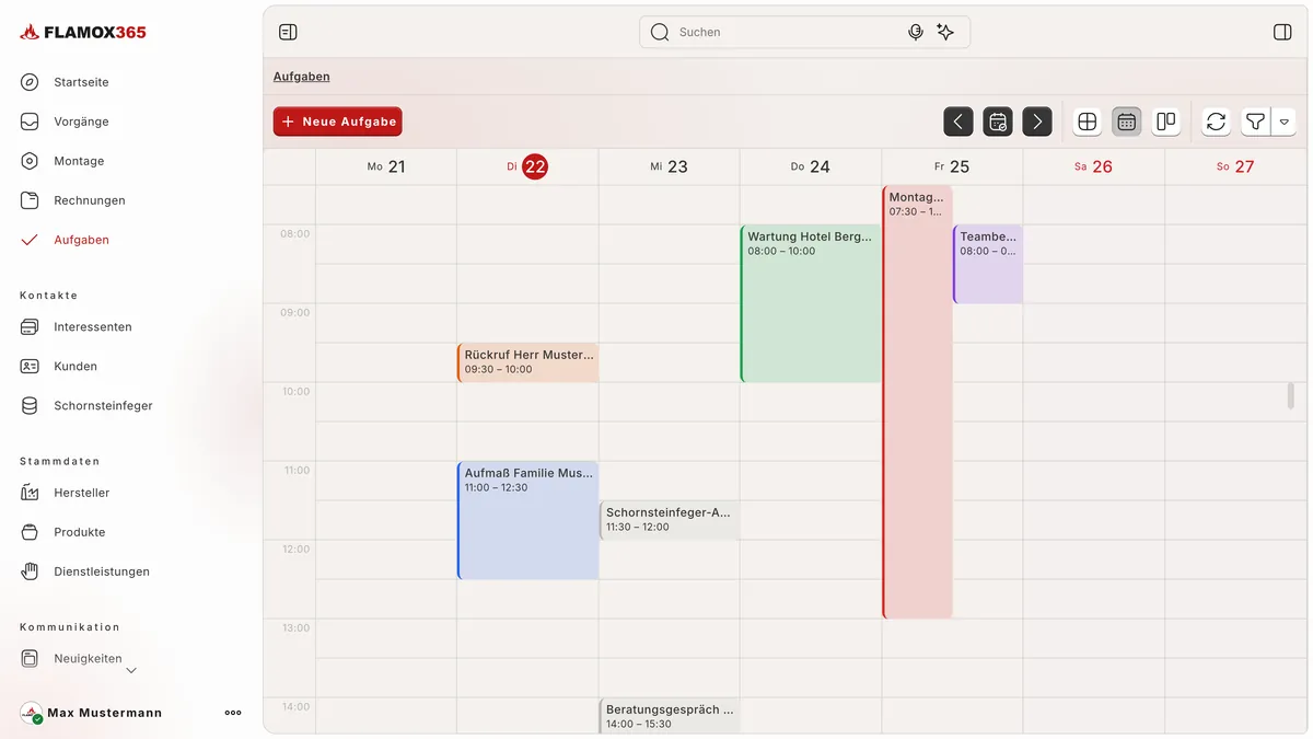 Aufgaben im Wochenkalender mit farbigen Terminen wie Rückruf, Aufmaß, Wartung, Montage und Teambesprechung Aufgaben im Wochenkalender mit farbigen Terminen wie Rückruf, Aufmaß, Wartung, Montage und Teambesprechung