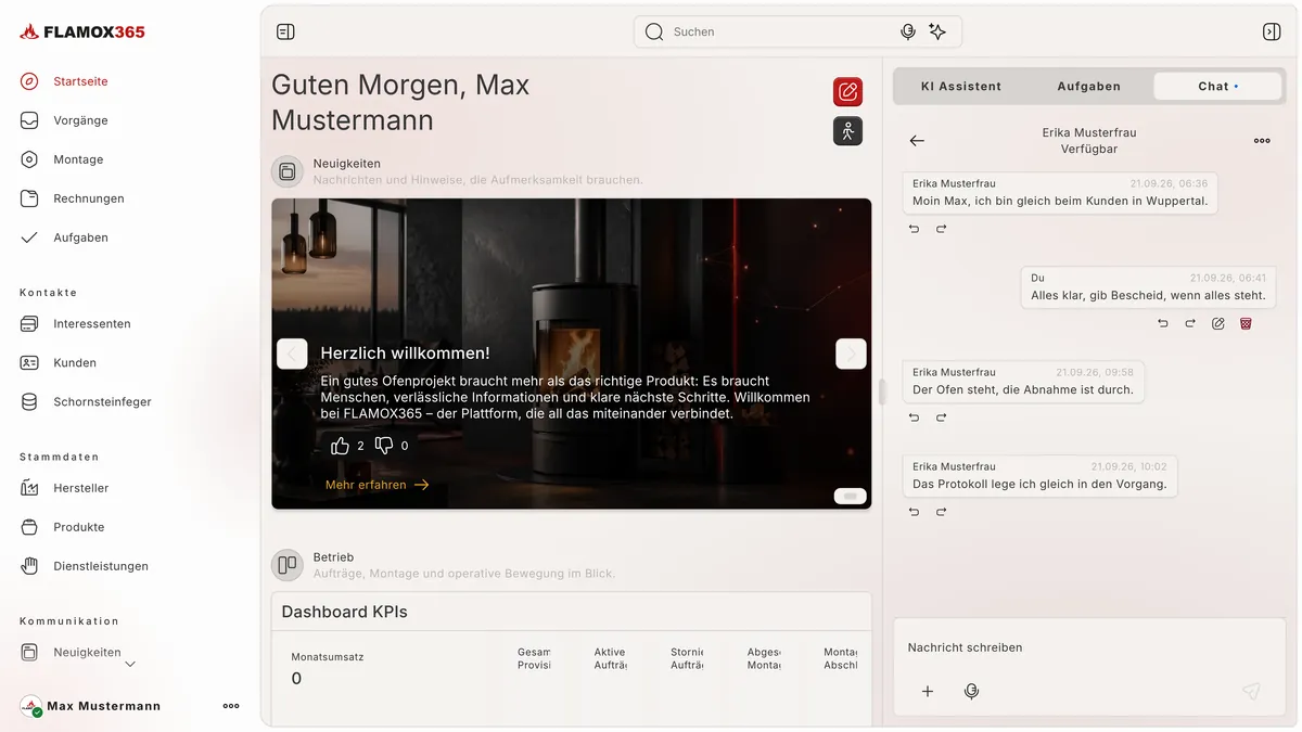 Teamchat im Portal: Erika Musterfrau schreibt „Der Ofen steht, die Abnahme ist durch.“ und „Das Protokoll lege ich gleich in den Vorgang.“ Teamchat im Portal: Erika Musterfrau schreibt „Der Ofen steht, die Abnahme ist durch.“ und „Das Protokoll lege ich gleich in den Vorgang.“