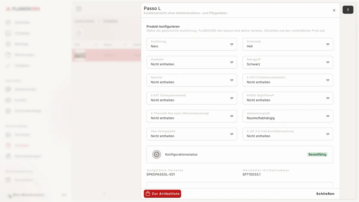Konfiguration eines Kaminofens mit Ausführung, Scheibe, Griff und dem Status „Bestellfähig“ Konfiguration eines Kaminofens mit Ausführung, Scheibe, Griff und dem Status „Bestellfähig“