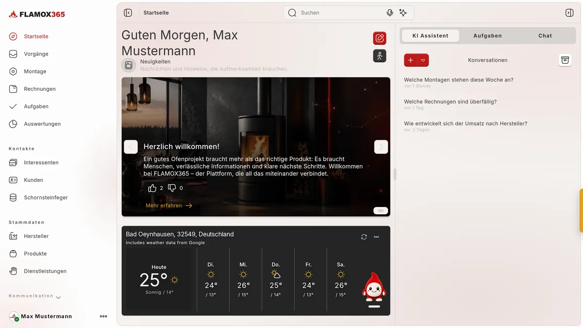 FLAMOX365-Startseite mit Begrüßung, der Neuigkeit „Herzlich willkommen!“ und dem geöffneten KI Assistenten mit Fragen wie „Welche Rechnungen sind überfällig?“ FLAMOX365-Startseite mit Begrüßung, der Neuigkeit „Herzlich willkommen!“ und dem geöffneten KI Assistenten mit Fragen wie „Welche Rechnungen sind überfällig?“